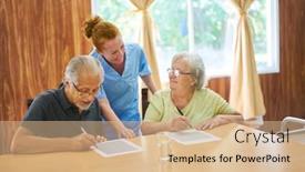  Presentation with senior couple - PPT theme consisting of elderly-nurse-helps-senior-couple background and a lemonade colored foreground