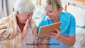  Presentation with senior citizen - PPT theme having elderly-nurse-supports-happy-senior background and a coral colored foreground