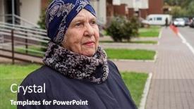  Presentation with old people - Cool new slide deck with elderly old gray-haired woman on a city street near house real people backdrop and a tawny brown colored foreground