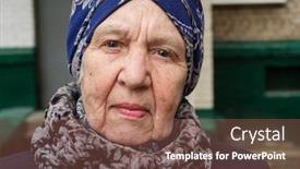  Presentation with old people - Presentation design consisting of elderly old gray-haired woman on a city street near house real people background and a violet colored foreground