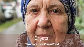  Presentation with old people - Slide set with elderly old gray-haired woman on a city street near house real people background and a tawny brown colored foreground