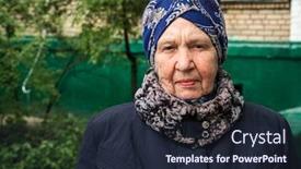  Presentation with old people - PPT theme having elderly old gray-haired woman on a city street near house real people background and a wine colored foreground