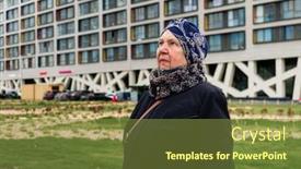  Presentation with old people - Beautiful slide deck featuring elderly old gray-haired woman on a city street near house real people backdrop and a tawny brown colored foreground