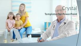  Presentation with patients - Audience pleasing slide deck consisting of elderly orthopedist with patients in his office backdrop and a sky blue colored foreground
