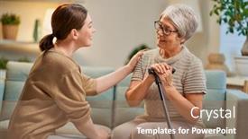  Presentation with caregiver - PPT theme having elderly-patient-and-caregiver-spending background and a coral colored foreground