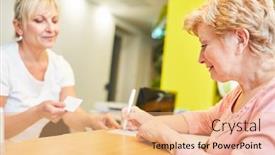  Presentation with registration - Amazing PPT theme having elderly-patient-and-receptionist backdrop and a coral colored foreground