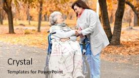  Presentation with caregiver - Cool new PPT layouts with elderly patient falls - disabled senior woman and young backdrop and a soft green colored foreground
