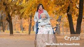  Presentation with caregiver - Presentation design having elderly patient falls - disabled senior woman and young background and a coral colored foreground