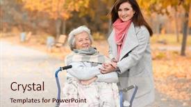  Presentation with caregiver - Presentation featuring elderly patient falls - disabled senior woman and young background and a lemonade colored foreground