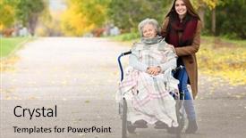  Presentation with caregiver - Cool new PPT theme with elderly patient falls - disabled senior woman and young backdrop and a  colored foreground