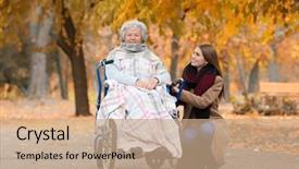  Presentation with caregiver - Slide set enhanced with elderly patient falls - disabled senior woman and young background and a  colored foreground