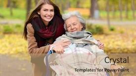  Presentation with caregiver - Presentation design with elderly patient falls - disabled senior woman and young background and a coral colored foreground