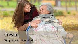  Presentation with caregiver - PPT layouts having elderly patient falls - disabled senior woman and young background and a coral colored foreground