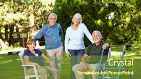  Presentation with 3d man sitting question mark - PPT theme consisting of elderly patient falls - many senior friends sitting together background and a tawny brown colored foreground