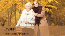  Presentation with caregiver - Beautiful slide set featuring elderly patient falls - senior woman with cane backdrop and a coral colored foreground