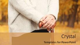  Presentation with close up dumb cane leaves - Slides with elderly patient falls - senior woman with cane background and a yellow colored foreground