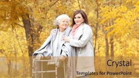  Presentation with caregiver - PPT theme featuring elderly patient falls - senior woman with walking frame background and a gold colored foreground