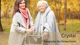  Presentation with frame - Slide deck enhanced with elderly patient falls - senior woman with walking frame background and a coral colored foreground