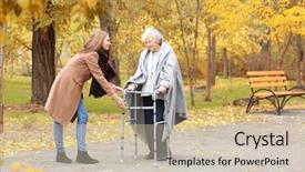  Presentation with caregiver - Presentation design featuring elderly patient falls - senior woman with walking frame background and a soft green colored foreground