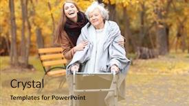  Presentation with caregiver - Amazing presentation design having elderly patient falls - senior woman with walking frame backdrop and a  colored foreground