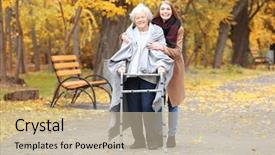 Presentation with frame - Colorful presentation theme enhanced with elderly patient falls - senior woman with walking frame backdrop and a  colored foreground