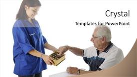  Presentation with volunteer - PPT theme enhanced with elderly patient in a wheelchair taking a piece of chocolate from a pretty teen hospital volunteer on a white background with space over man's head for your text background and a white colored foreground