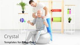  Presentation with supervision - Amazing presentation design having elderly patient training with rubber band under doctor's supervision in physiotherapy center backdrop and a white colored foreground