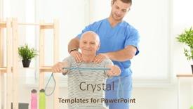  Presentation with supervision - Slide set having elderly patient training with rubber band under doctor's supervision in physiotherapy center background and a soft green colored foreground