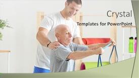  Presentation with supervision - Presentation design having elderly patient training with rubber band under doctor's supervision in physiotherapy center background and a white colored foreground