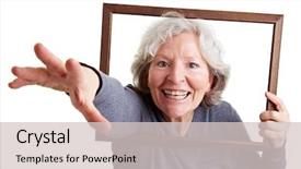  Presentation with happy birthday frame holiday - Presentation theme having elderly person falling - happy senior woman reaching background and a light gray colored foreground