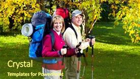  Presentation with senior couple - PPT layouts featuring elderly person falls - happy senior couple with backpacks background and a tawny brown colored foreground