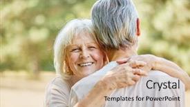  Presentation with man in nature - Beautiful PPT theme featuring elderly person falls - happy woman hugs a man backdrop and a  colored foreground