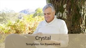  Presentation with tree - Slides having elderly person falls - senior man leant againt tree background and a  colored foreground