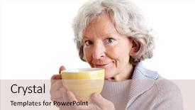  Presentation with coffee cup - Audience pleasing slides consisting of elderly person falls - smiling senior woman drinking backdrop and a soft green colored foreground