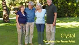  Presentation with happy retirement - Audience pleasing slides consisting of elderly person falls - two happy senior couples standing backdrop and a tawny brown colored foreground