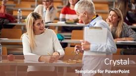  Presentation with amphitheater - Presentation theme featuring elderly-professor-answering-student-s background and a tawny brown colored foreground