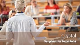  Presentation with amphitheater - Cool new presentation theme with elderly-professor-giving-a-lecture backdrop and a coral colored foreground