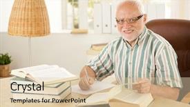  Presentation with turning page - Cool new presentation theme with elderly professor working in his study taking notes turning page smiling at camera backdrop and a lemonade colored foreground