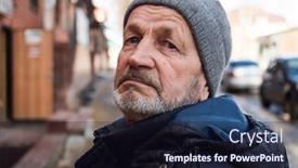  Presentation with people street - Beautiful PPT layouts featuring elderly-sad-tired-man backdrop and a wine colored foreground