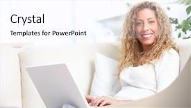  Presentation with elderly home - Amazing slide deck having elderly senior woman with laptop backdrop and a pink colored foreground