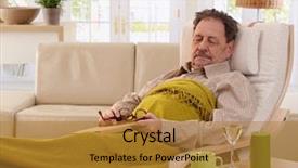  Presentation with elderly sleep - Beautiful PPT theme featuring elderly sleep - senior man napping in armchair backdrop and a gold colored foreground