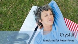  Presentation with closed - Theme featuring elderly sleep - smiling senior woman lying background and a light blue colored foreground