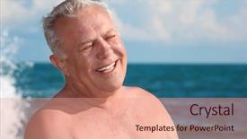  Presentation with elderly oral health - Beautiful PPT theme featuring elderly smiling man on seacoast backdrop and a  colored foreground