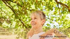  Presentation with elderly health - Audience pleasing slide deck consisting of elderly-smiling-woman-doing backdrop and a coral colored foreground
