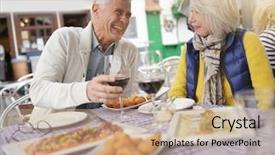  Presentation with tapas - Slide deck enhanced with elderly vacation - attractive senior couple eating tapas background and a coral colored foreground