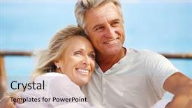  Presentation with outdoors - Beautiful PPT theme featuring elderly vacation - happy mature couple outdoors backdrop and a coral colored foreground