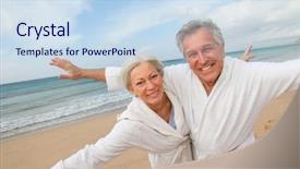  Presentation with vacation - Theme featuring elderly vacation - senior couple in bathrobe background and a sky blue colored foreground