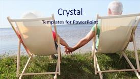 Presentation with lake front - Theme with elderly vacation - senior couple in deck chairs background and a sky blue colored foreground