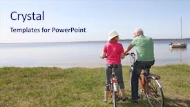  Presentation with bicycle - PPT layouts enhanced with elderly vacation - senior couple riding bicycle background and a sky blue colored foreground