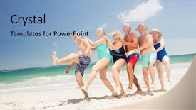  Presentation with dancing - PPT theme enhanced with elderly vacation - smiling senior friends dancing background and a light blue colored foreground